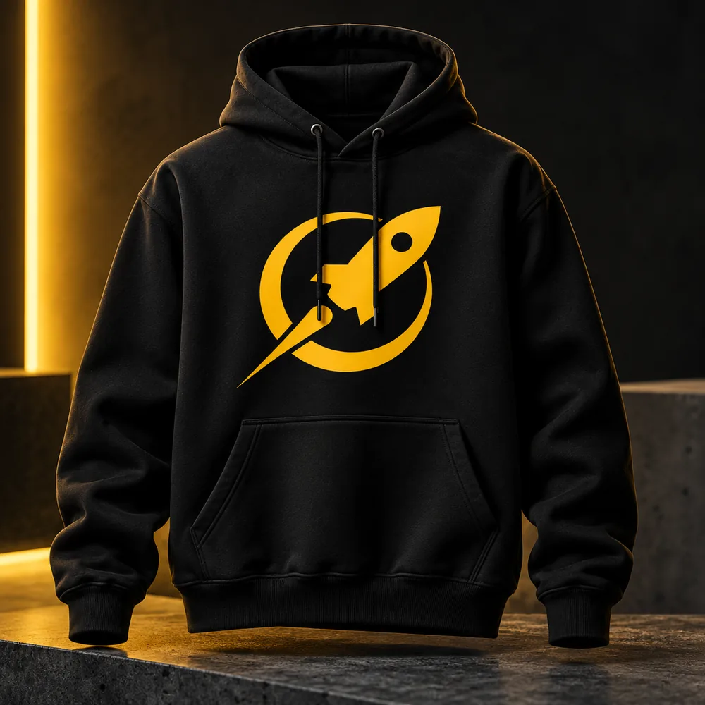 Hoodie negro con el cohete amarillo de Marketing Propulsor