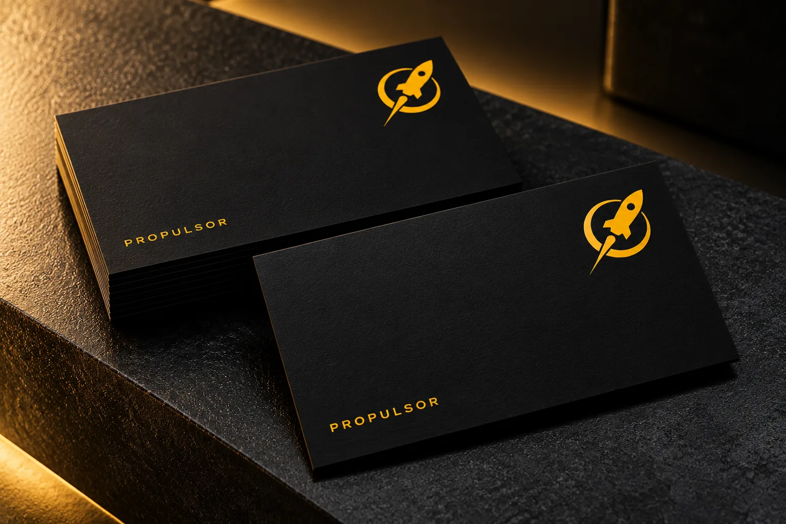 Tarjetas de presentación negras con el cohete amarillo de Marketing Propulsor